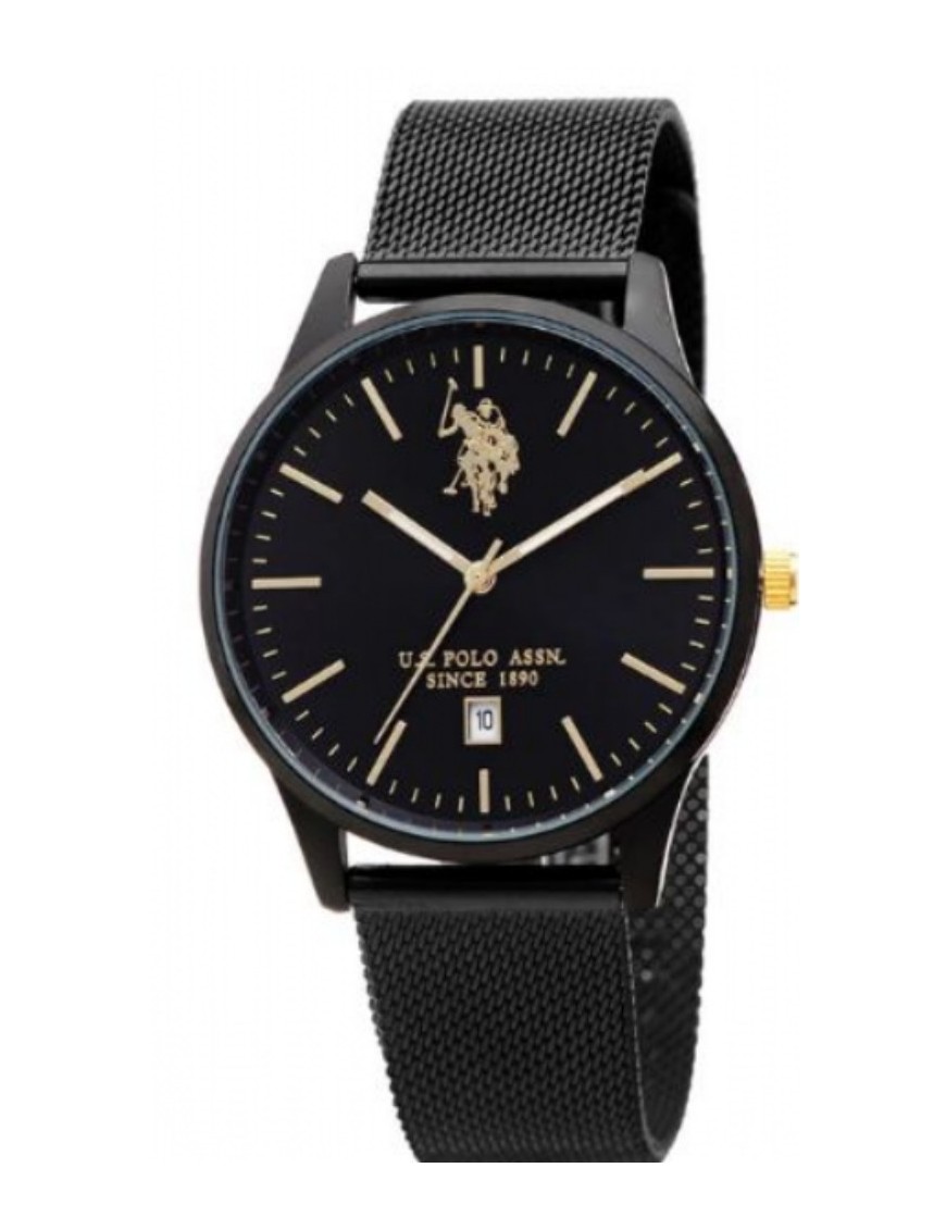 MONTRE US POLO METAL NOIR RONDE QUARTZ 4 2MM FOND NOIR - BRACELET ACIER NOIR MAILLE MILANAISE - 3ATM