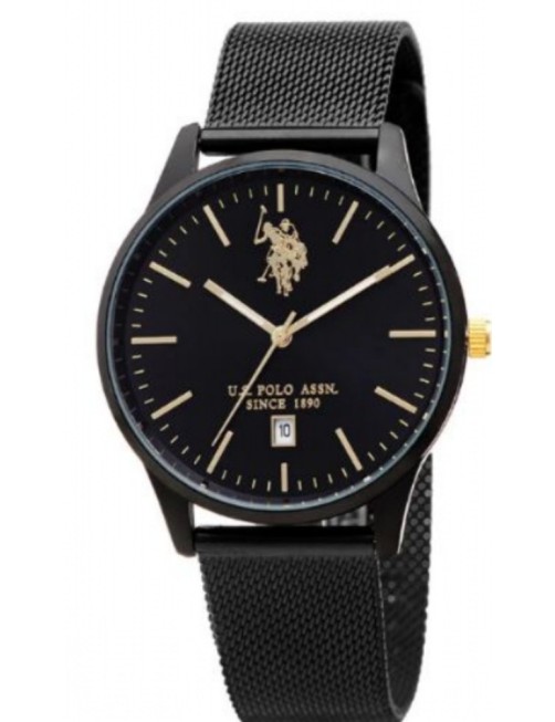 MONTRE US POLO METAL NOIR RONDE QUARTZ 4 2MM FOND NOIR - BRACELET ACIER NOIR MAILLE MILANAISE - 3ATM